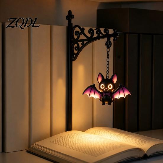 Vintage Style Bookcase Decor Halloween Iron Library Lamp, Bookshelf Light with Ghost Pumpkin Bat Lamp Pendants, Reading Nook Nightlight, Spooky