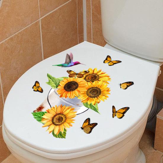 Sunflower Butterfly Toilet Sticker Removable Self-adhesive Waterproof PVC Living Room Bathroom Wall Art Floral