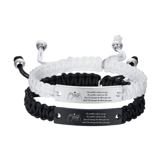 2 шт./комплект парный браслет из нержавеющей стали резные буквы пластина плетеный браслет черный белый веревка соответствие