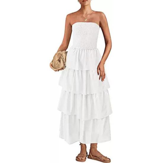 Женское платье без бретелек с открытыми плечами, без рукавов, без спинки, пляжное платье с многослойными оборками, разбросанным подолом, платье для отпуска, эластичное платье макси с облегающей грудью