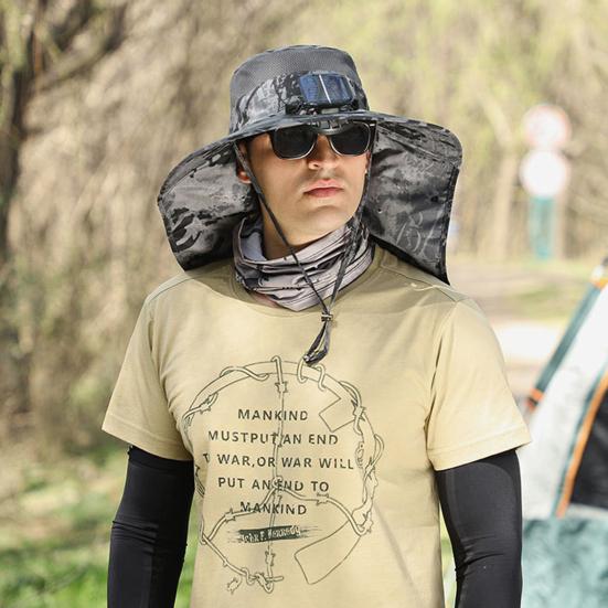 Мужская рыбацкая шляпа с солнечным вентилятором, ветрозащитный ремешок с большими полями, зарядка через USB, защита от ультрафиолета и солнечного света, быстрая сушка, отличная воздухопроницаемость, рыбалка на открытом воздухе