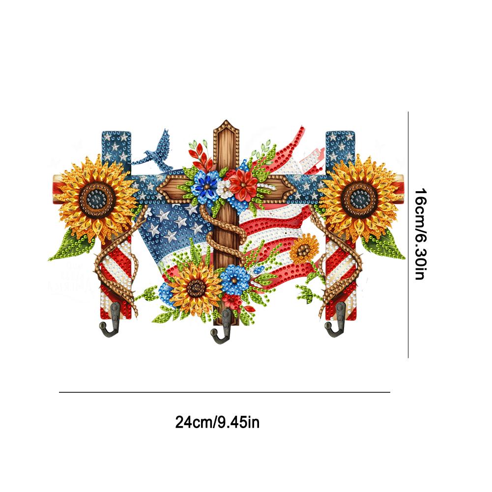Wooden Flag & Flower Diamond Art Hanging Hooks Rhinestone Painting Coat Hook 3 Hooks Diamond Painting Hook Rail DIY Crafts Decor