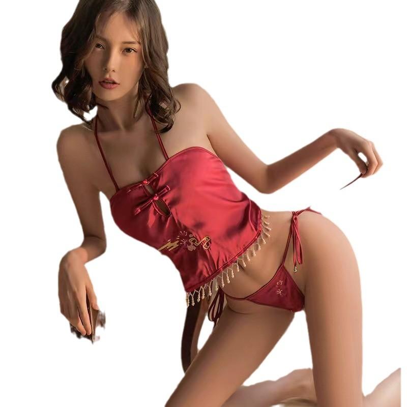 Сексуальная сексуальная женская пижама с карманом на животе, горячая страсть, бретелька на шее, чонсам, ретро, шнуровка, полая женщина
