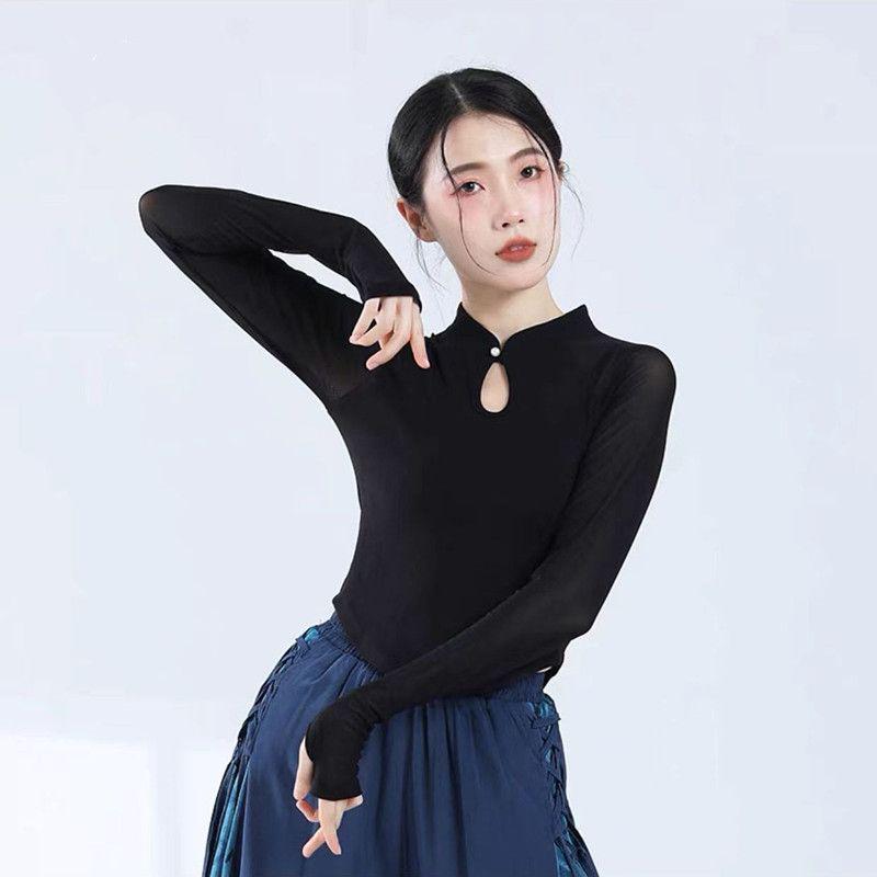 Женская ретро-топ с длинными рукавами для йоги и танцев в стиле шик — облегающий крой, китайский стиль.