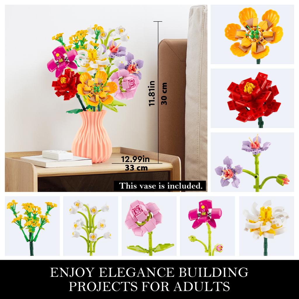 Нетоксичный букет из искусственных цветов из 756 деталей, конструктор с вазой, пластиковые цветы-кирпичики для поделок, детские игрушки, подарок для детей, украшение для дома