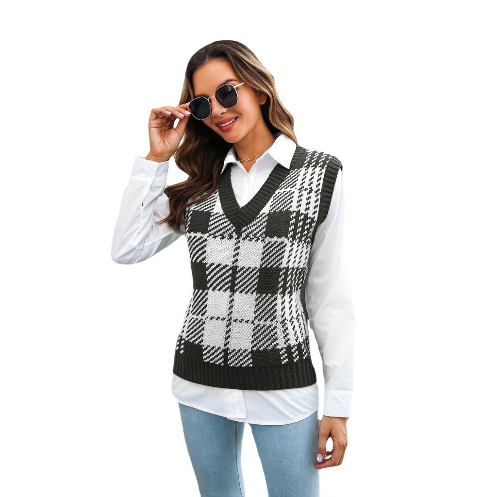QICED Женская мода, повседневный клетчатый принт, осенне-зимние вязаные жилеты без рукавов с v-образным вырезом