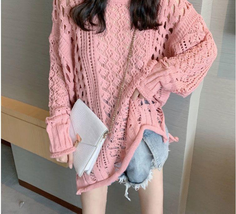 Весна Осень Длинный рукав Верхняя одежда Свободная трикотажная женская ленивый стиль загнутый край ажурная трикотажная рубашка