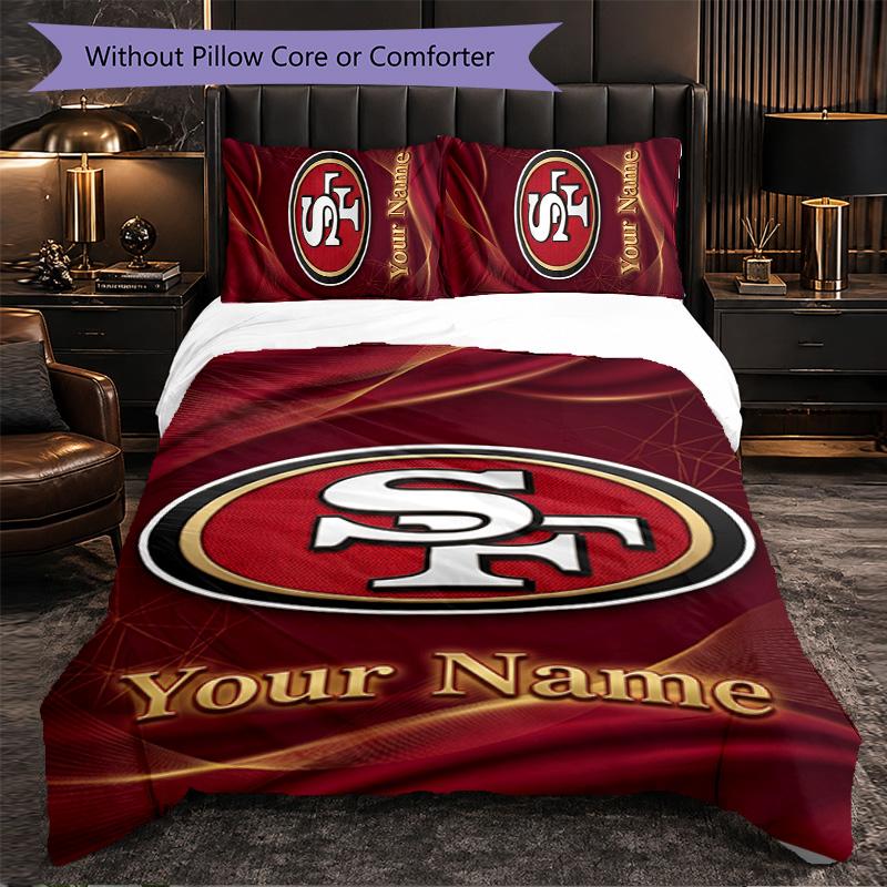 San Francisco 49ers Customized Name Text Bedding Set, 1 Duvet Cover & 2 Pillowcases Personalized Bedroom Gift