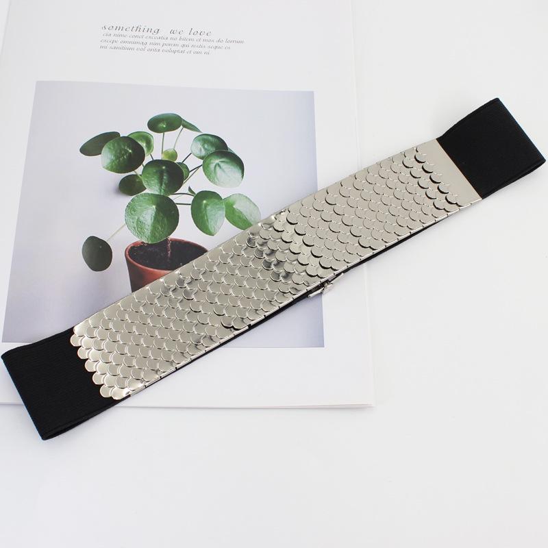 Women's Fashion Metal Elastic Belt with Fish Scale Pattern - Versatile Wide Elastic Waistband for Dresses