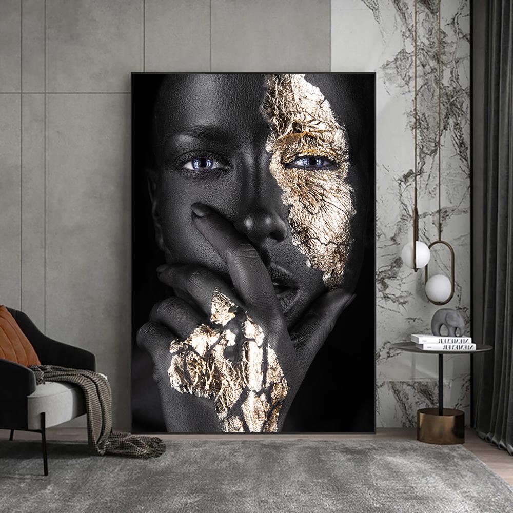 Scandinavian Poster African Art Black and Gold Female Oil Painting Interior Decoration Cuadros Modern Wall