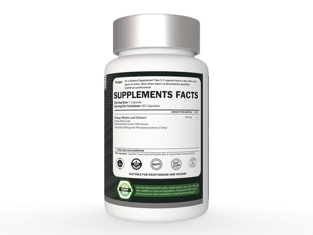 Heroot Ginkgo Biloba Extract 120mg – Herbal Supplement for Memory, Focus & Wellbeing – 60 Veg Capsules