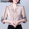 5XL Chiffon Shirt T-shirt Women's 3/4 Sleeve Bow Loose Fit Shirt Mom's Fashion Age Reducing Versatile Top