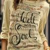 Plus Size Casual T-Shirt, Women's Music Note Print Long Sleeve Crew Neck T-Shirt