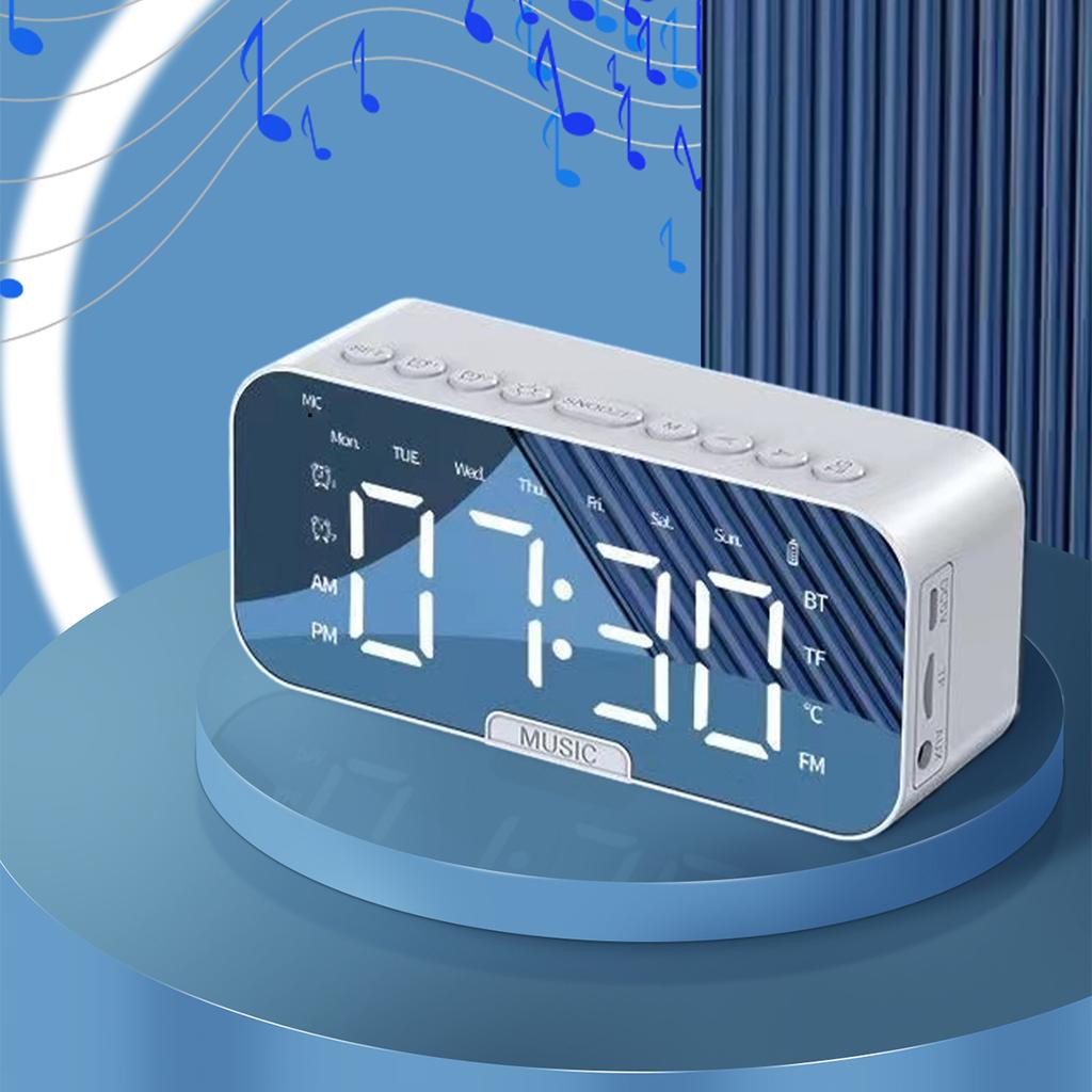 Mirror Digital Alarm Clock Bluetooth Speaker with Temperature Display FM Radio TF Card Playback Dual Alarms Multifunctional