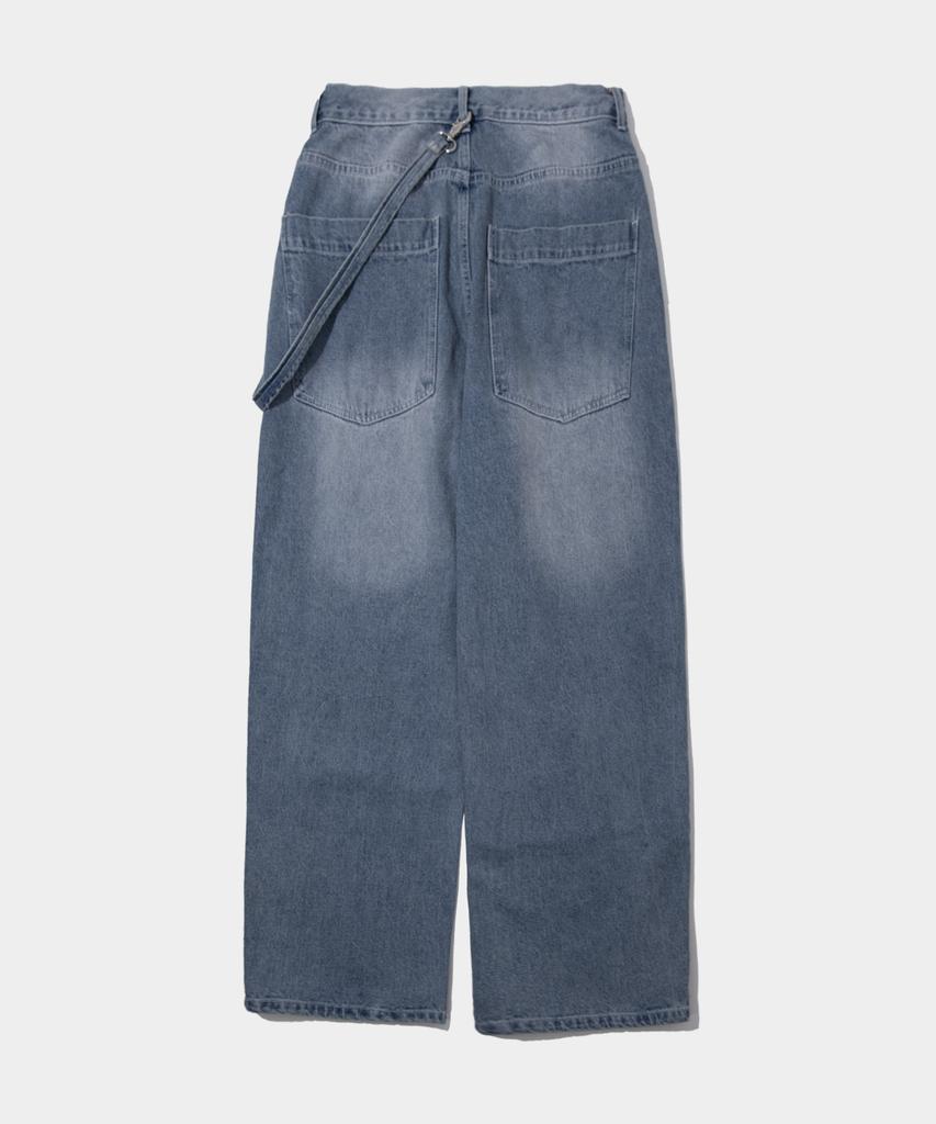 SOME PLACE Unisex Hidden String Wide Keyring Washed Balloon Denim Pants [Medium Blue]