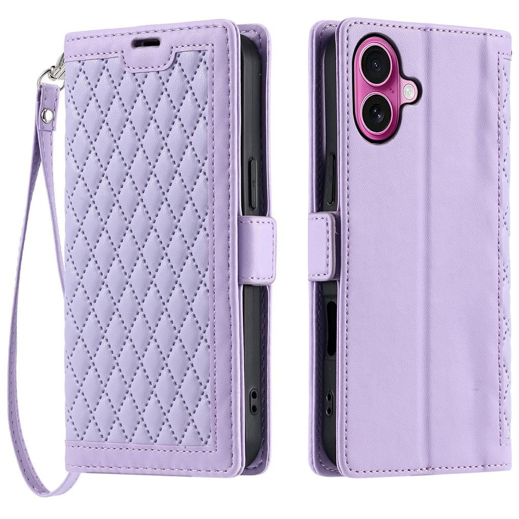 For iPhone 16 Leather Case Rhombus Texture Wallet Stand Phone Cover with Wrist Strap