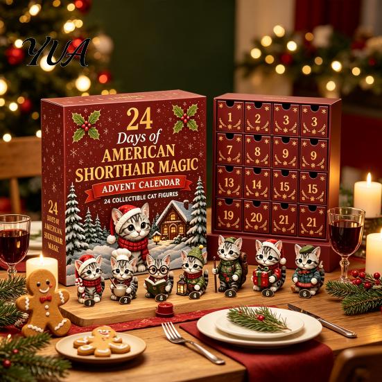 Small Animal Statues 24 Days Christmas Advent Calendar with Acrylic Cat Figurines, Countdown Miniature Ornaments for Lovers, Decorative Kitten Holiday
