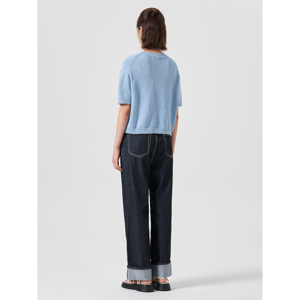 8SECONDS Wave Letter Jacquard Round Neck Short Sleeve Pullover Sky Blue