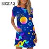2026 New 3d Colorful Planet Printing Mini Dress Women Summer Short-sleeved Casual Fashion Elegant Round Neck Dress