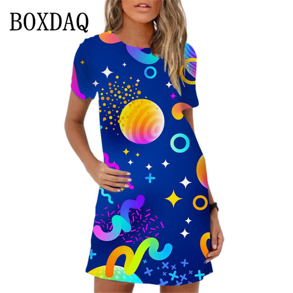 2026 New 3d Colorful Planet Printing Mini Dress Women Summer Short-sleeved Casual Fashion Elegant Round Neck Dress