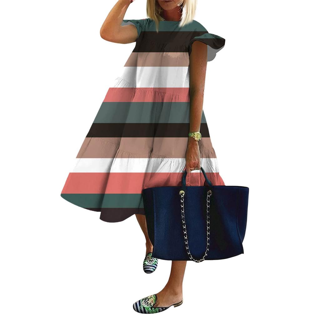 Женские модные повседневные свободные платья с круглым вырезом и оборками на рукавах с принтом