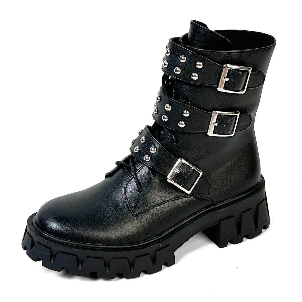 FOREADA Women Ankle Boots Round Toe Thick High Heels Buckle Zipper Rivets Lace-up Short Boots Ladies Fashion Shoes Winter Black 43