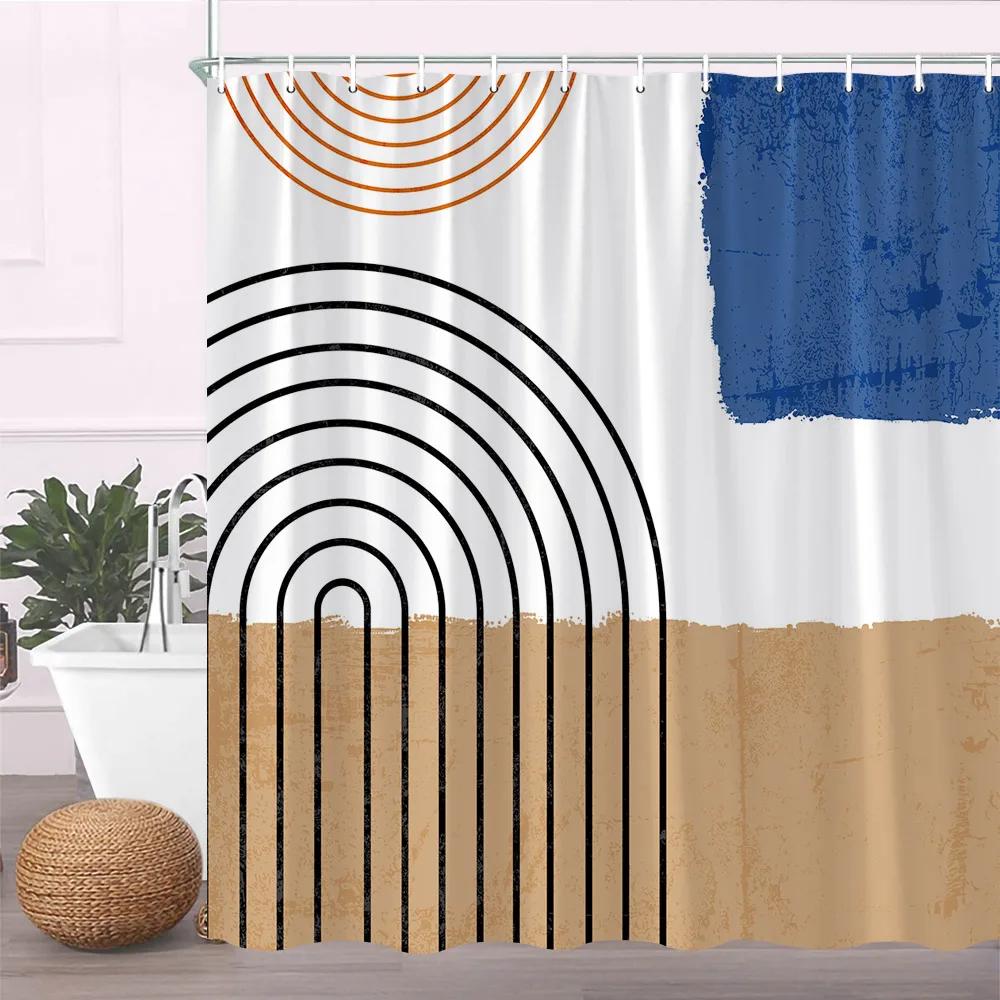 Modern Black Shower Curtain Set with Hooks-Black and White Shower Curtain for Bathroom Fabric Geometric Bath Curtains with Hoo