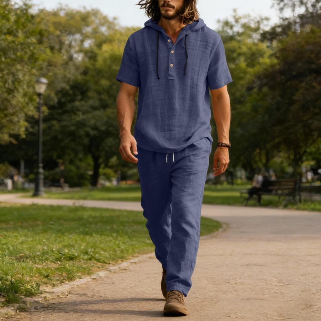 Мужской повседневный льняной комплект, Рубашка на пуговицах, Брюки с эластичным поясом и кулиской, Свободные, Удобный комплект из двух предметов