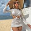 3Pcs/Set Women Bikini Set Halter Bra Lace-up Swimming Trunks Set with See-through Mesh Yarn Cover Up Dress