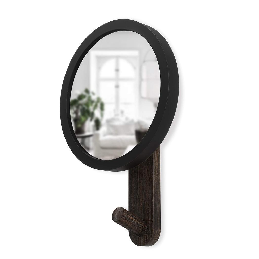 Umbra Hub Mirror Black Walnut Wood Wall Hook Hat Coat Rack Interior Decor