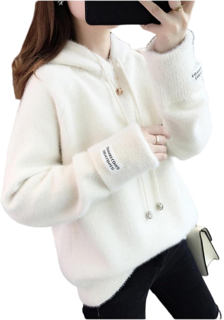 J.STORE Women's Knit Hoodie, Long Sleeve, White, Simple and Stylish, Perfect for Loungewear, Everyday Wear, Basic, 5A-J07-WHL