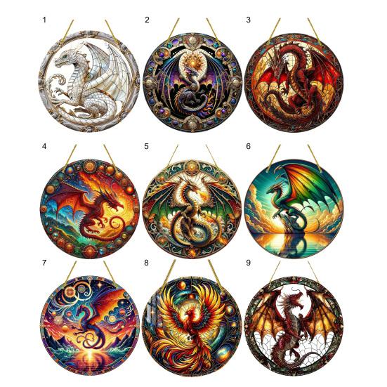 Window Hanging Pendant with Lanyard Realistic Dragon Printing Round Shape Sun Catcher Home Office Garden Decoration Panel Pendant