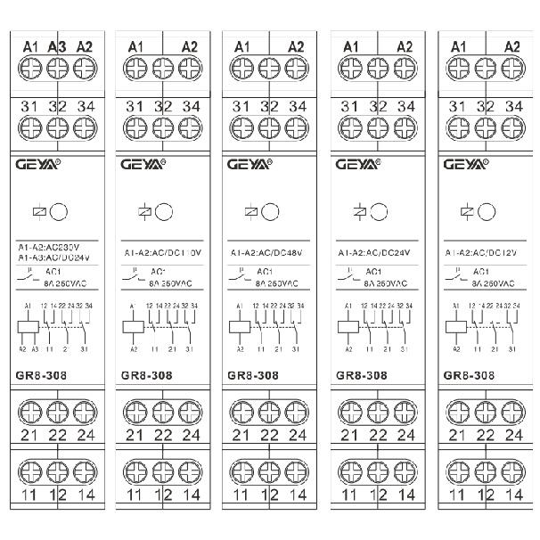 GEYA GR8-208 Auxiliary Relay Intermediate Switch 8A 2SPDT 12V 24V 48V 110V 220V RELAYS Din Rail Module Relays 5