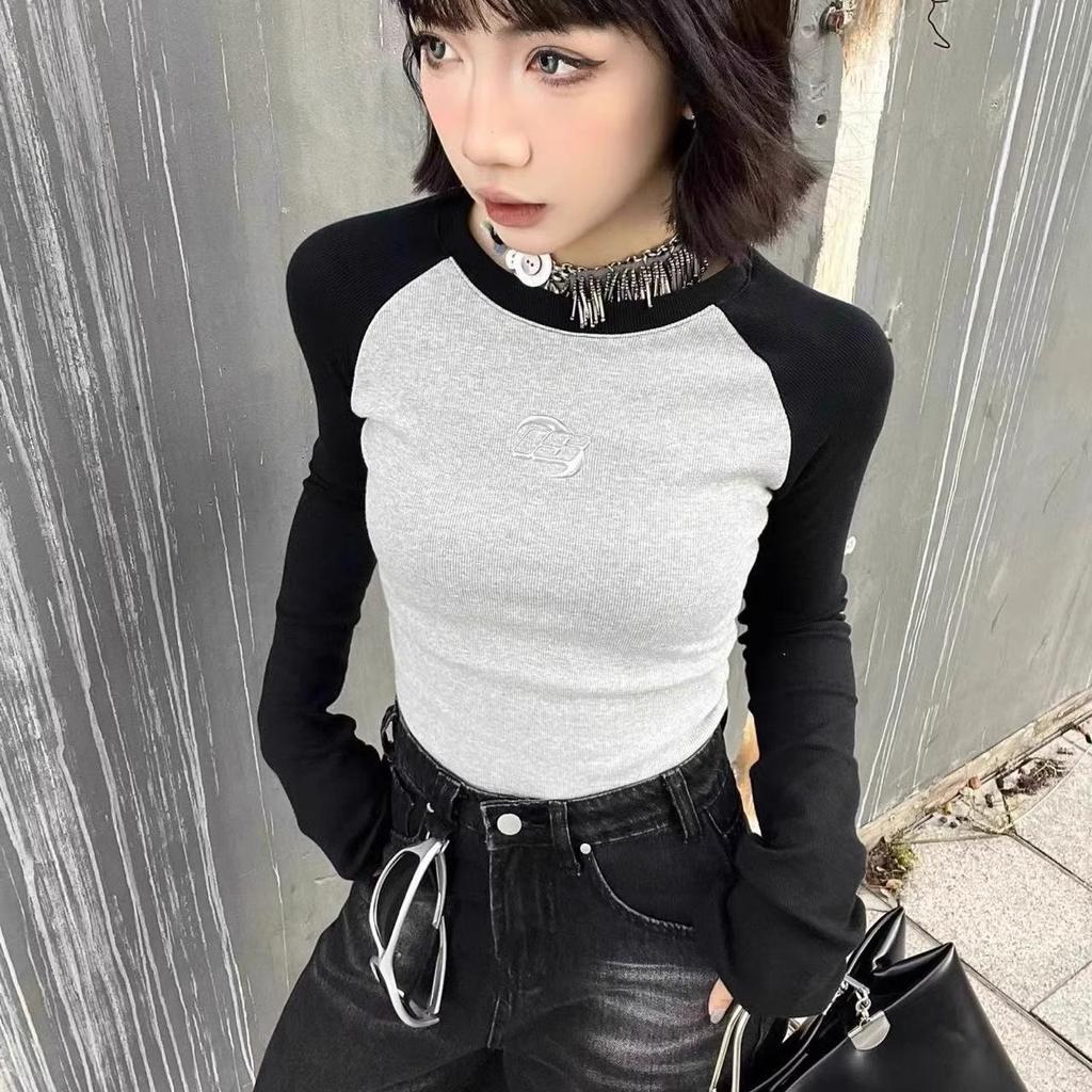 Укороченный топ в стиле гранж в стиле пэчворк, винтажная ребристая футболка с длинными рукавами, корейская модная сексуальная тонкая футболка, уличная одежда 90-х годов, японская