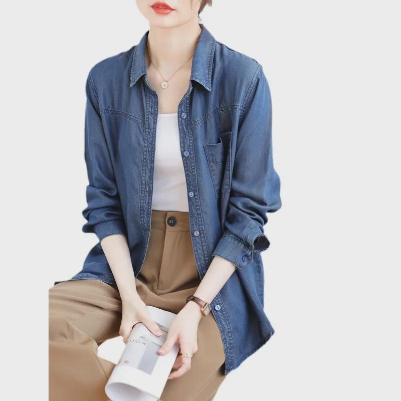Женская приталенная джинсовая рубашка свободного кроя, тонкая, в стиле ретро, корейская коллекция осень 2025
