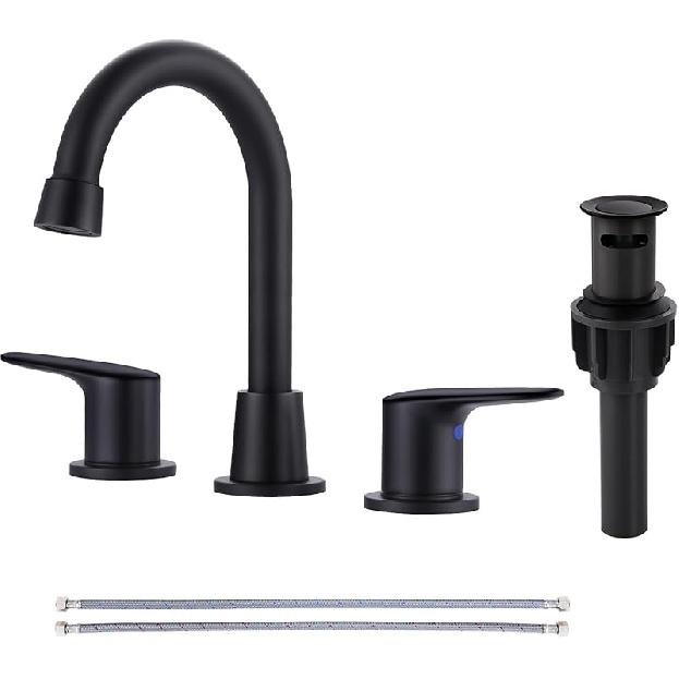 2 Handle 3 Holes Widespread Bathroom Faucet, Bathroom Sink Faucet with Copper Pop Up Drain, Black & Gold Lavatory Faucet Swivel Spout with Drain