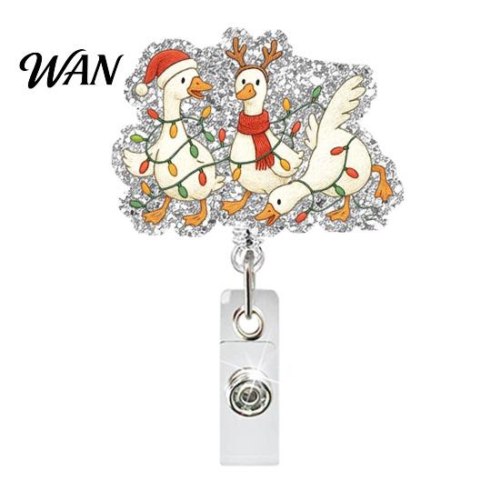 Back to School Badge Reel Christmas Goose Retractable Holder, 360 Degree Rotating Clip Durable Lightweight Cord, Acrylic for Office And Staff