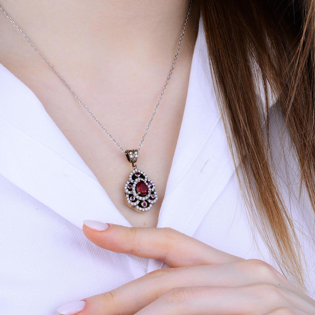 Комплект серебряных украшений с рубиновым камнем в османском стиле, аутентичный турецкий комплект ювелирных изделий ручной работы - рубиновое кольцо, серьги, ожерелья в винтажном стиле