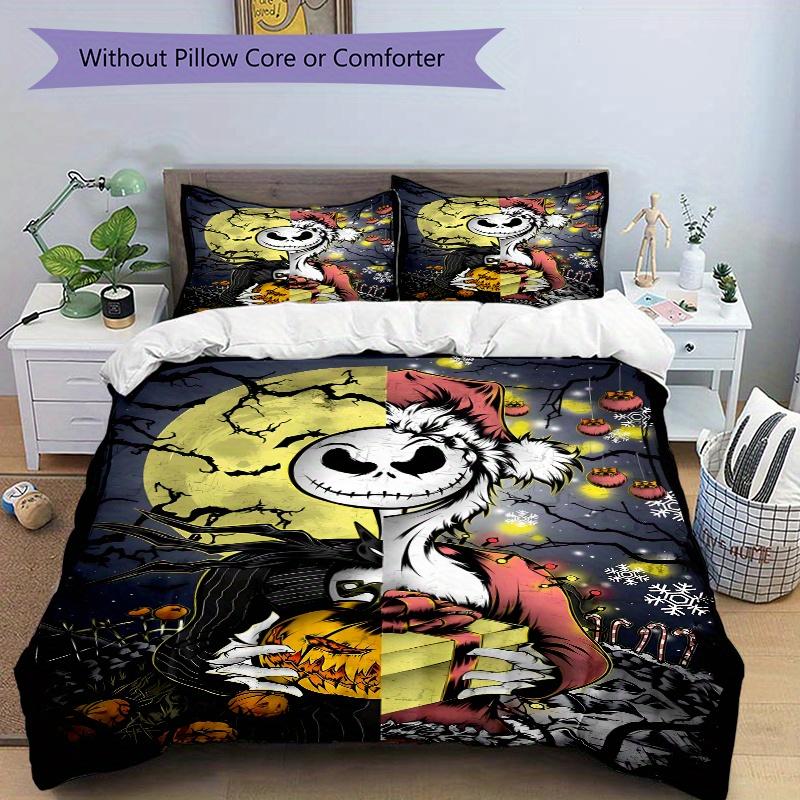 3pcs Nightmare Before Christmas Halloween Jack Printed Quilt Set, Includes 1 Quilt Cover and 2 Pillowcases, Machine Washable, Suitable for A