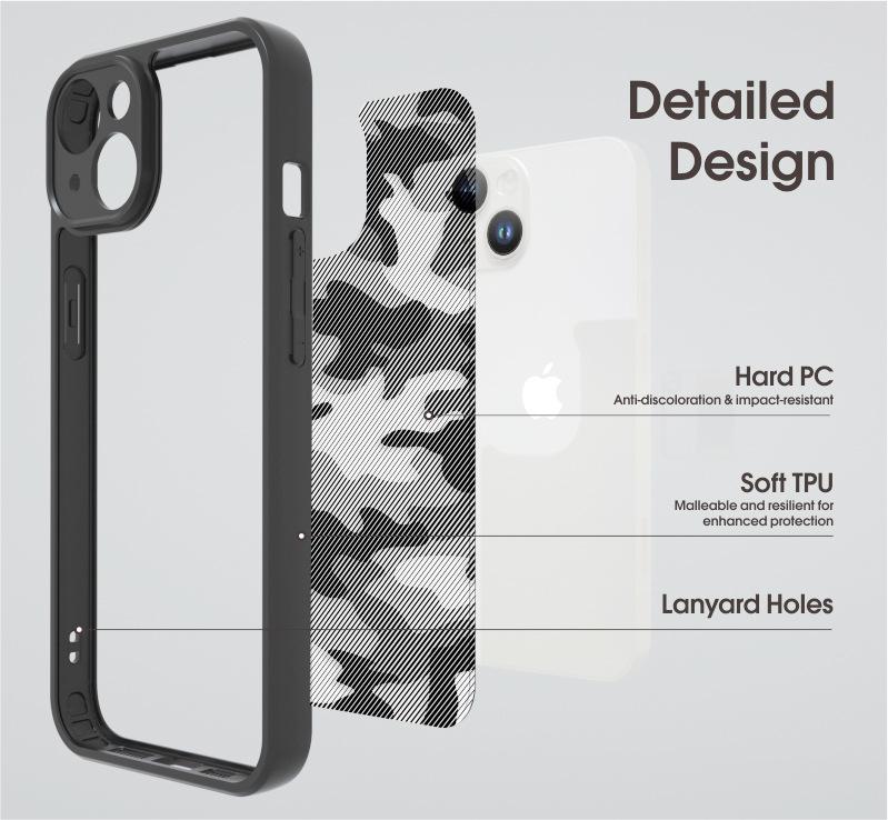 Матовый прозрачный чехол для iPhone 15 с камуфляжным узором, полное покрытие, с ремешком