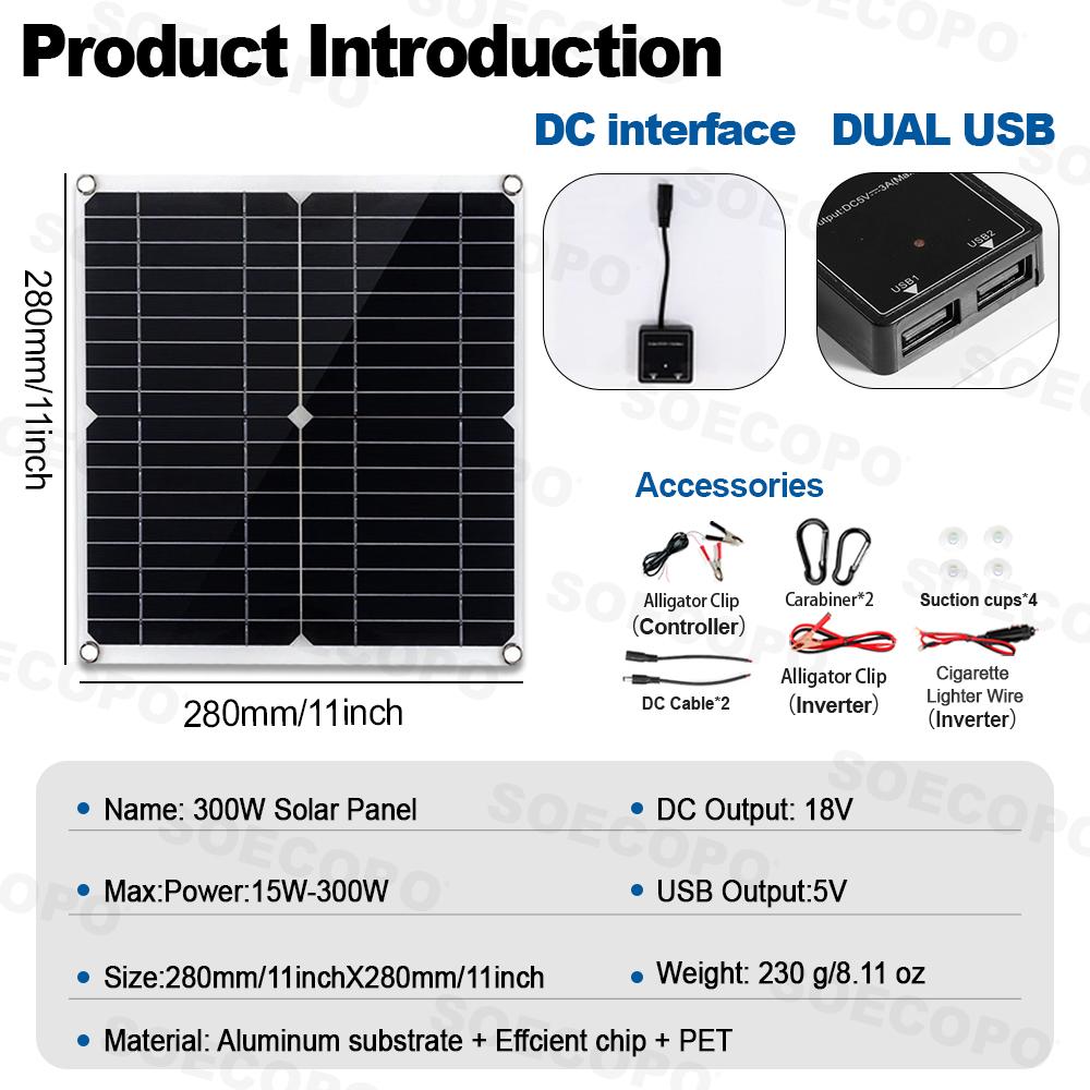 SOECOPO 10000 Вт USB 5 В / 1,5 А Автономная солнечная система для дома 100 А Контроллер Комплект солнечной энергии DC 12 В - AC 110 В / 220 В Инвертор Кемпинг
