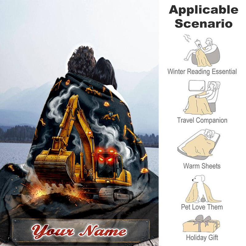 1PC Custom Name "Golden Excavator Adventure" flannel blanket versatile,all-season throw suitable for the living room,bedroom,camping,travel,and gift