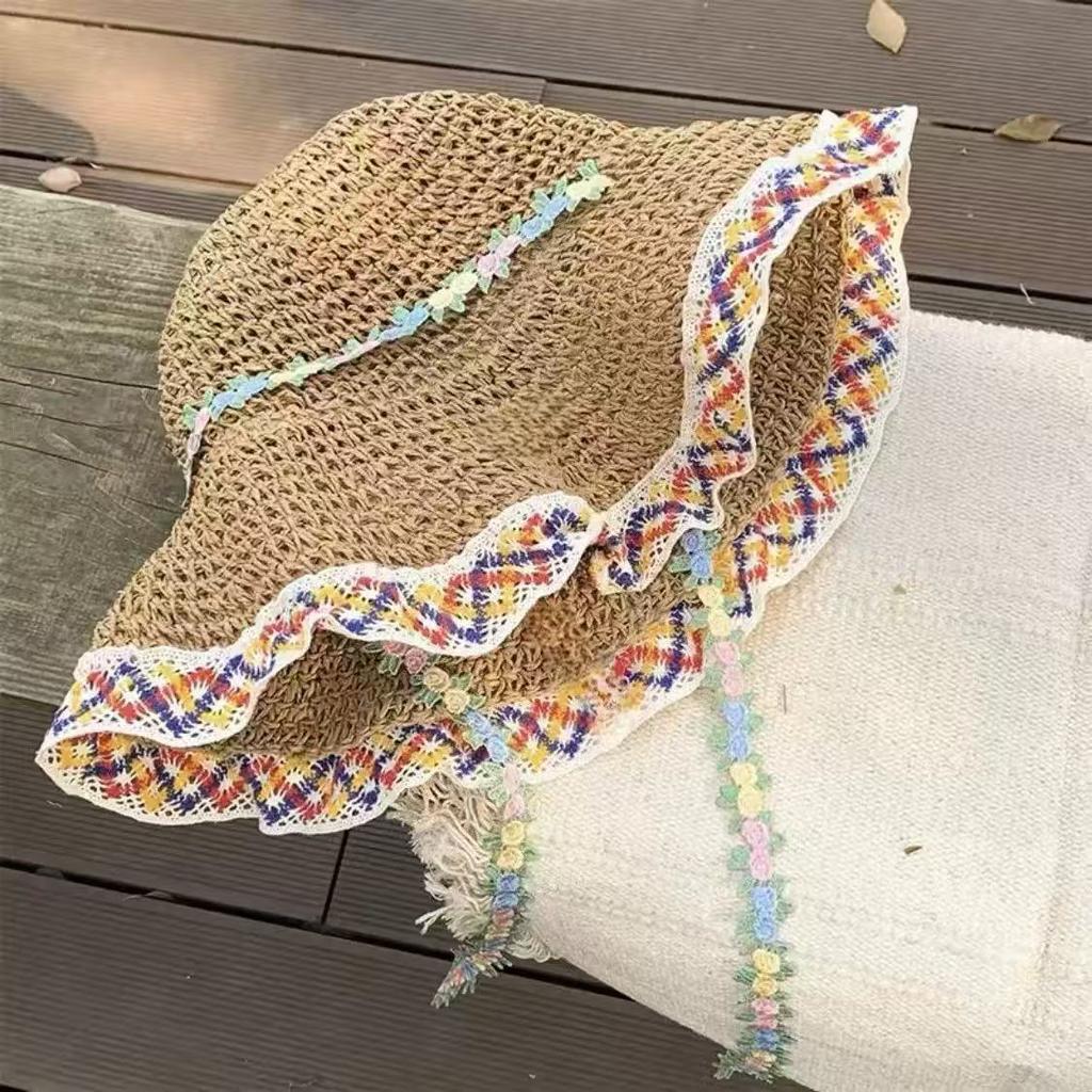 Straw hat seaside hat ins lace-up straw hat women's travel sun hat lace sun hat lace lace sunscreen