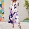 Women Plus Size V Neck Long Sleeve Colorful Printed A Line Dress With Pockets