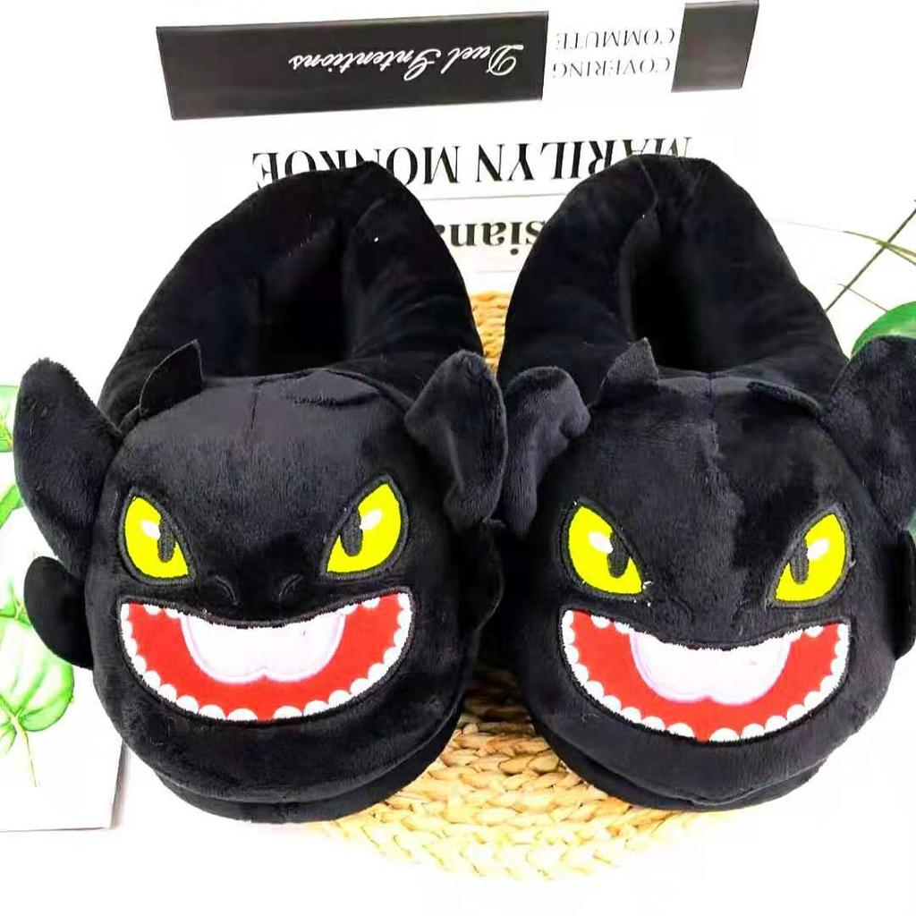 2024 Winter Warm Black Cat Unicorn Dragon Slippers Unisex Couples Furry Slippers Cute Indoor Home Pantoufle Bedroom Shoes