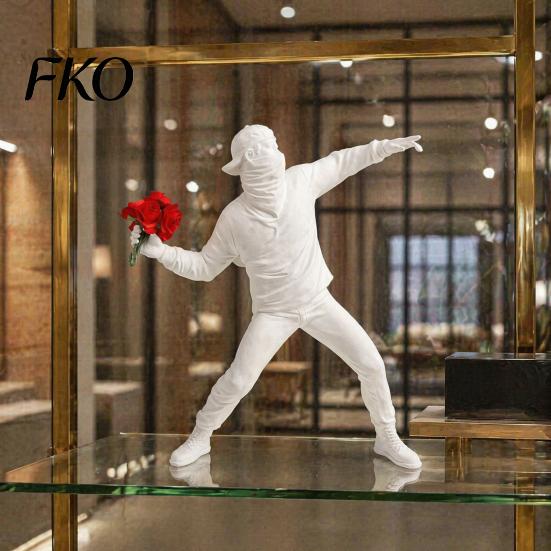 Creative Flower Throwing Boy Figurine Resin Statue Ornament, Modern Abstract Sculptures, Artistic Minimalist Home Decor Sculpture for Living