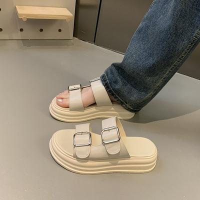 Летние новые толстые подошвы женские туфли с круглым носком и двойной пряжкой повседневные плоские пляжные сандалии