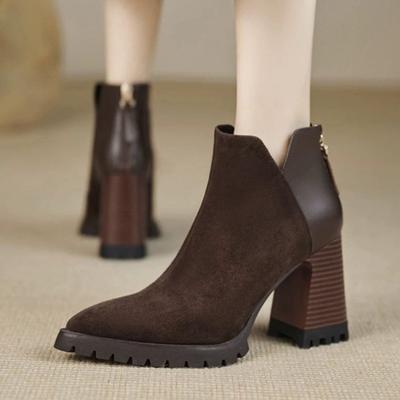 Женские ботильоны на высоком каблуке с острым носком из замши, элегантные кожаные туфли 2025 года, модные офисные туфли-лодочки на толстой подошве, женские туфли