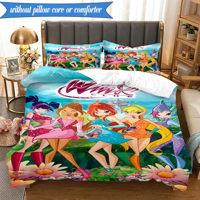 3PCS Wink Club Magical Friendship Bedding Set 2D Printing (Includes 1 Duvet Cover + 2 Pillowcases Coreless), Bedroom decor,Fan gift