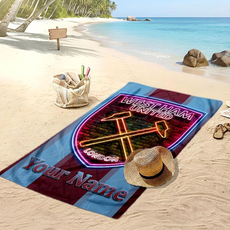 West Ham United FC Personalized Printed Beach Towel Soccer Logo Support Custom Name Text Absorbent Towel For Sport Travel Special Gift